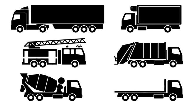 Set of Six Black Silhouette Commercial Vehicles, Including Semi-Truck, Fire Truck, Garbage Truck, Cement Mixer, and Flatbed Truck, Vector Icons for Logistics and Transportation Concepts