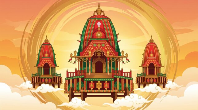 Colorful illustration of jagannatha ratha yatra festival banner with temple and flags. Colorful temple illustration with ornate details and clouds
