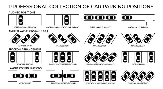 Professional Collection of Car Parking Positions, Vector Icons for Automotive Design, Transportation Layouts, and Urban Planning Graphics
