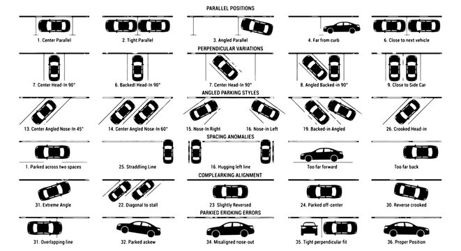 Parallel Parking Guide, Angled Parking, Reverse Parking, Car Maneuvers, 30 Parking Positions, Vector Illustration for Driving Lessons