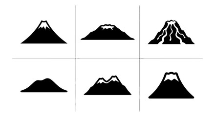 Volcano Icons Set, Mountain Silhouettes Collection, Diverse Geological Formations, Vector Graphics for Nature and Geography Themes © Farid