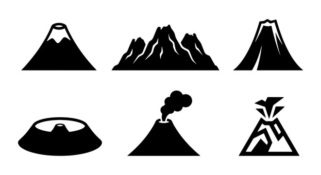 Volcano Icons Set, Mountain Silhouettes, Geological Formations, Earth Science Vector Graphics, Natural Disaster Symbols