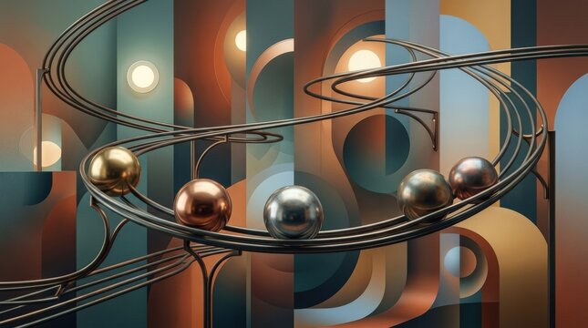 Vintage spheres on rails against an abstract background, surreal design composition with retro-futuristic mood and balanced geometry, strong commercial value for creative branding, editorial art and