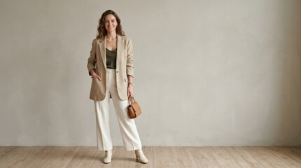 Fototapeta premium Woman in contemporary clothing posing in studio, modern fashion portrait, stylish outfit, confident expression, clean editorial composition, clean copy space, neutral unbranded setting, natural