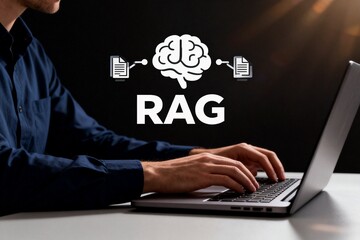 Person typing on laptop with brain diagram