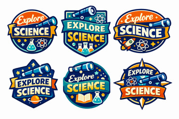 Naklejka premium Exploring science badges set with telescopes, beakers, atoms, rockets, and planets, promoting education and discovery