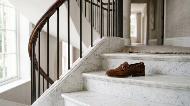 A stylish brown suede shoe rests on a marble staircase, refined lifestyle and fashion concept with elegant styling, premium detail and strong commercial appeal in a clean modern composition, soft