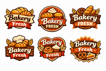 Naklejka premium Collection of bakery fresh logos, badges, and emblems featuring various sweet and savory baked goods and wheat