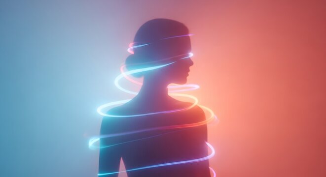 Silhouette of a woman with glowing energy spirals. Spiritual healing and internal life force. Female figure surrounded by neon light trails representing energy