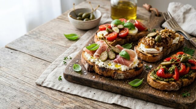 Mixed bruschette topped with caper fruit and fresh ingredients, commercial food concept, fresh ingredients, appetizing recipe styling, natural composition, rustic food styling, soft natural light,