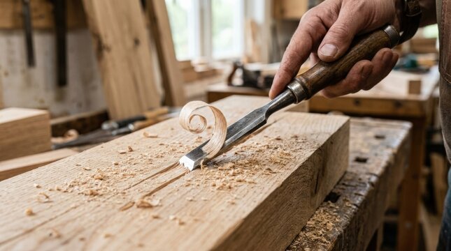 Macro Detail of Woodworking Chisel Slicing Through Timber with Fresh Sawdust, artisan craft process, handmade skill, creative workshop, tactile materials and design detail, strong searchable subject,