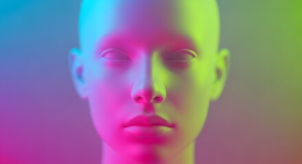 Naklejka premium Futuristic female face with neon pink and green lighting. Cyberpunk aesthetic and digital identity. Close up portrait of a smooth synthetic mannequin head.