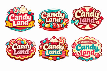 Naklejka premium Candy land game labels and stickers set showcasing sweet typography with colorful desserts and treats