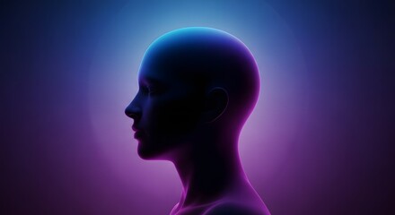 Obraz premium Dark silhouette of a person with a purple halo. Inner peace and mindfulness concept. Profile of a human head against a soft circular gradient background.