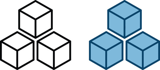 Obraz premium Isometric 3D Cube Icons Set, Stacked Square Blocks in Outline and Blue Color, Geometric Shape Vector Illustration for Design and Logistics