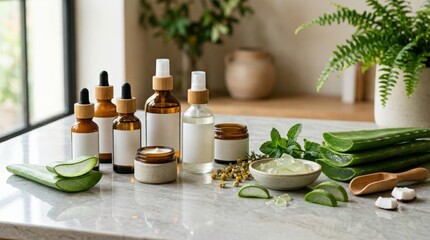 Fototapeta premium Aloe vera skincare products with fresh leaves on reflective surface, natural beauty ingredients, clean wellness arrangement, natural light, clean commercial composition, neutral unbranded details,