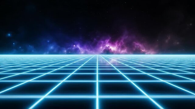 Retrofuturistic blue neon glowing perspective grid landscape extending toward a horizontal line against a pitch black background, synthwave digital space aesthetic.