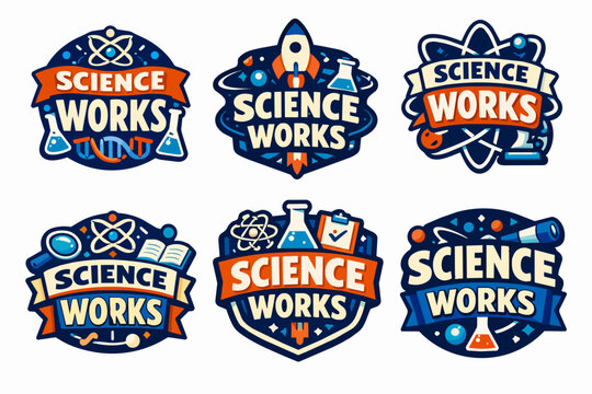 Set of science works badges featuring various symbols for education, chemistry, biology, and physics research