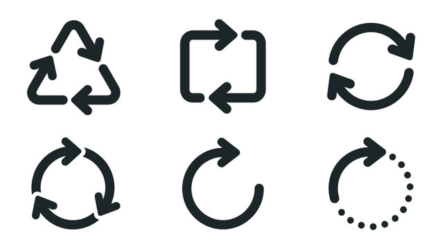 Set of six black linear vector icons representing various reload and refresh symbols.
