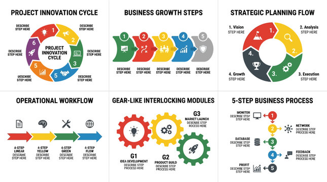 Set of six business process and strategic planning infographic diagrams.