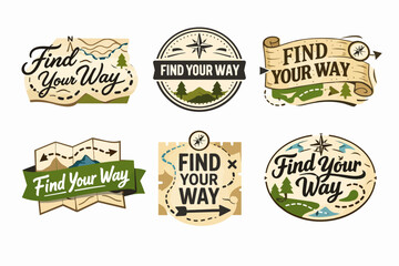 Obraz premium Collection of adventure and exploration badges with map, compass, and find your way lettering for outdoor journey concepts