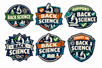 Fototapeta premium Backing science and research campaign badges with microscopes, atoms, dna, and laboratory glassware for education and innovation
