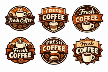 Naklejka premium Brewing fresh coffee labels set with cups, beans, and steamy drinks, highlighting vintage cafe logos
