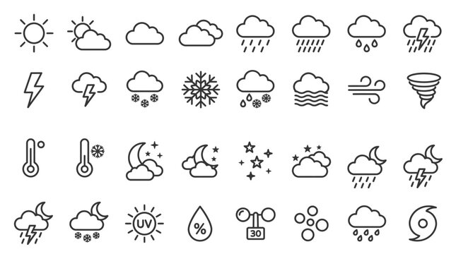 Set of weather forecast outline icons representing meteorological conditions.