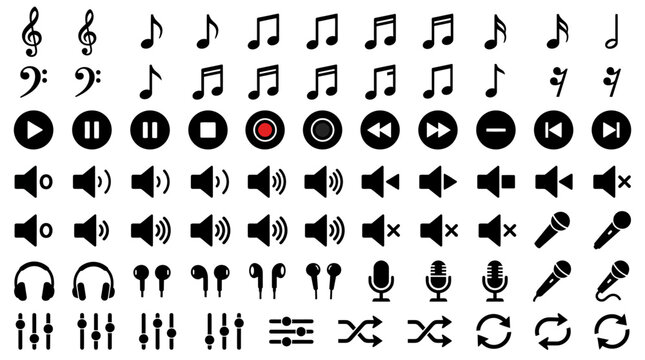 Set of vector music and audio control interface icons.