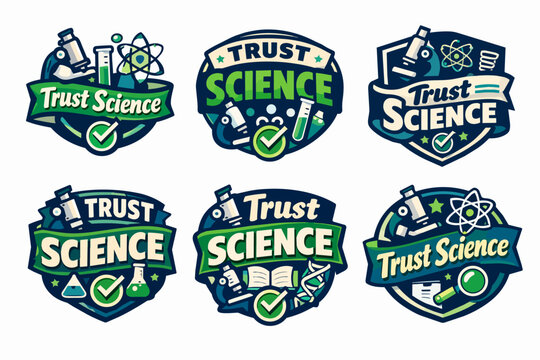 Set of trust science badges incorporating various scientific elements like microscopes, test tubes, and dna