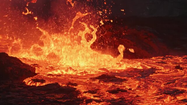 Glowing molten orange lava flows and bubbles across a volcanic landscape at night, featuring active fire fountains, spurts of liquid magma, and steam rising from dark cooled basaltic rock.