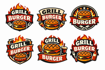 Naklejka premium Grill burger logos identifying fast food, bbq restaurant, and cooking concepts with flames, patties, and buns on emblems