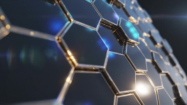 Abstract futuristic hexagonal tile surface with reflective metallic gold borders and blue light reflections