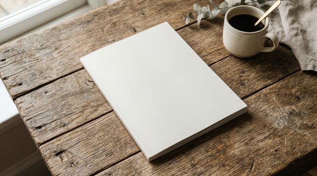 Blank magazine cover on rustic wood with coffee cup