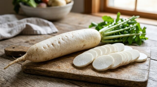 Daikon radish with slices on wooden table, white root vegetable, fresh seasonal produce, clean cooking ingredient, natural composition, minimal rustic styling, soft natural light, shallow depth of
