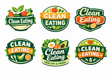 Naklejka premium Clean eating branding labels collection for healthy fresh nutrition and organic food lifestyle concepts