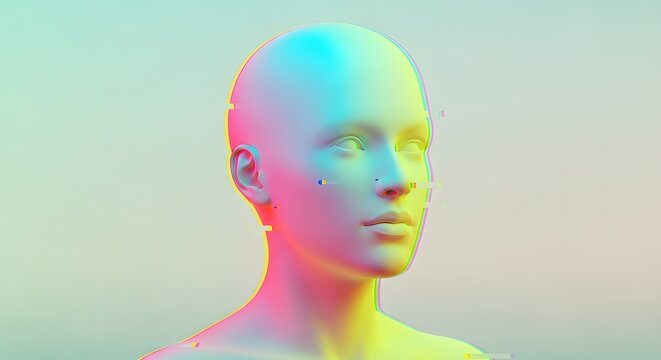 Glitch art human head with colorful pixel distortion. Digital error and cybersecurity failure concept. 3D humanoid face with rainbow chromatic aberration and digital noise effects