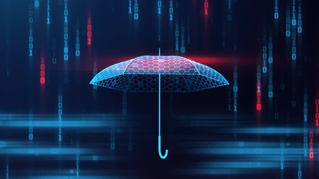 3D Low Poly Umbrella Shield Protecting Against Cyber Rain &ndash; Animation Loop. Cybersecurity technology, digital data protection and network security assurance animated concept on a blue background.