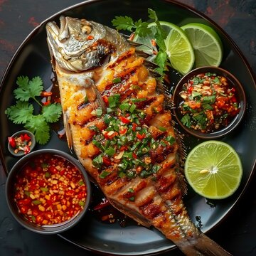 Thai food grilled whole fish chili garlic sauce crispy skin texture authentic Thai cuisine top view plating dramatic lighting high detail food photography