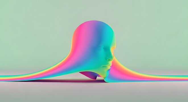 Melting human face with colorful liquid texture. Emotional release and fluid identity concept. 3D head sculpture dissolving into rainbow spectrum.