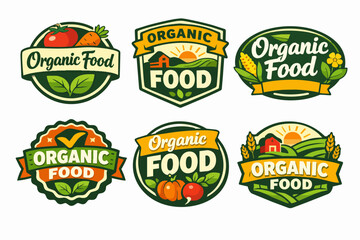 Naklejka premium Organic food labels collection featuring natural farm produce, fresh vegetables icons, and green healthy eating concepts on badges