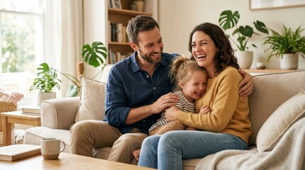 Obraz premium Happy family parents and child sitting together smiling, warm family lifestyle concept for care, tenderness, bonding, parenting and authentic everyday emotion in a candid setting with strong