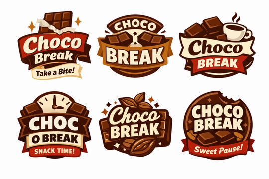 Chocolate break logos set featuring sweet snacks, dessert bars, cocoa beans, coffee cups, and candy designs for branding