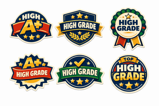High grade and a plus badges representing academic achievement, quality, success, and excellence in education