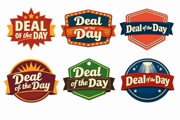 Obraz premium Collection of deal of the day promo labels and badges, highlighting daily promotions, sales, discounts, and marketing offers