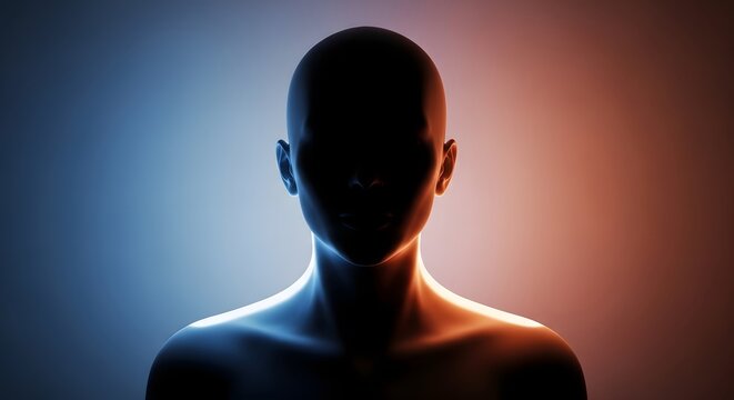 Minimalist human silhouette with dual tone blue and orange light. Modern communication and digital presence. Silhouette of a person with glowing edges in a dark studio setting