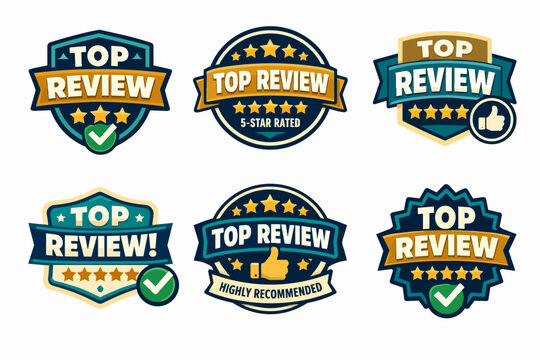 Top review badges vector set for customer feedback, quality rating, best service, and highly recommended products