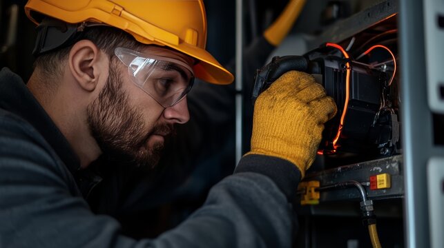 Electrical maintenance action by technician in industrial setting close-up view focused work environment
