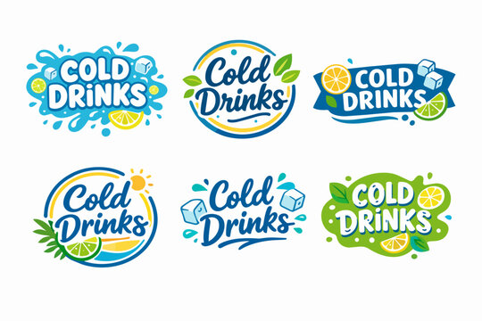 Group of refreshing cold drink logos using dynamic splashes, ice cubes, and citrus slices elements for summer beverage branding