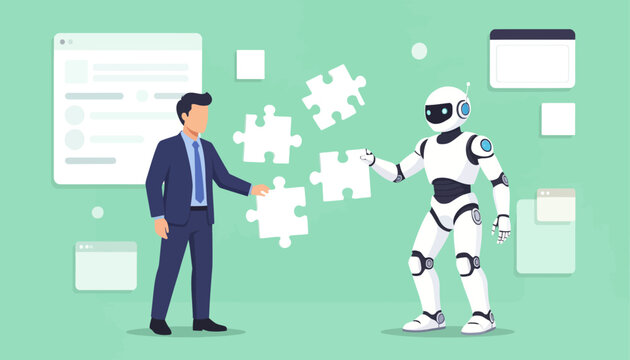 Strategic collaboration between a professional and an artificial intelligence robot, symbolizing problem-solving and future synergy in business and technology integration